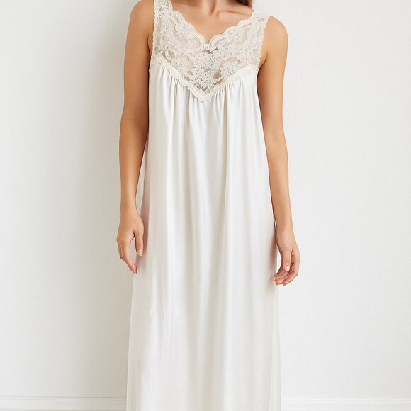 Vintage Barbizon Satin Remarque Lace Nightgown Ivory Slip Dress M USA - Picture 1 of 11